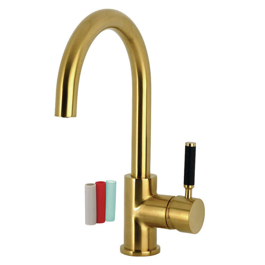 Fauceture LS8233DKL Kaiser Single-Handle Vessel Sink Faucet, Brushed Brass, high-arc design showing spout and handle from a frontal view.