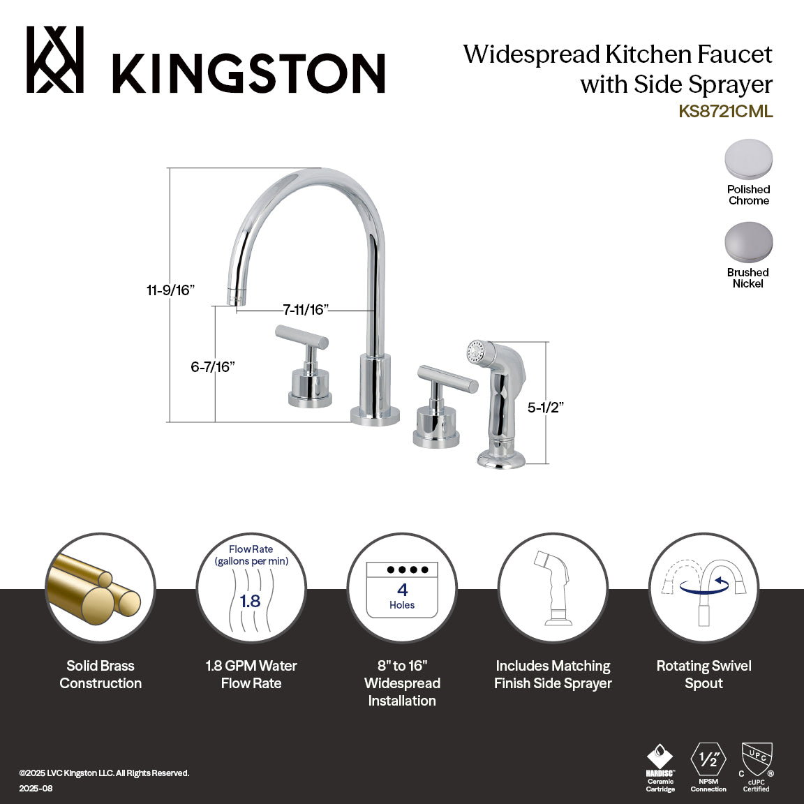 Kingston Brass KS8728CML Manhattan Double-Handle Widespread Kitchen Faucet with Plastic Sprayer, Brushed Nickel