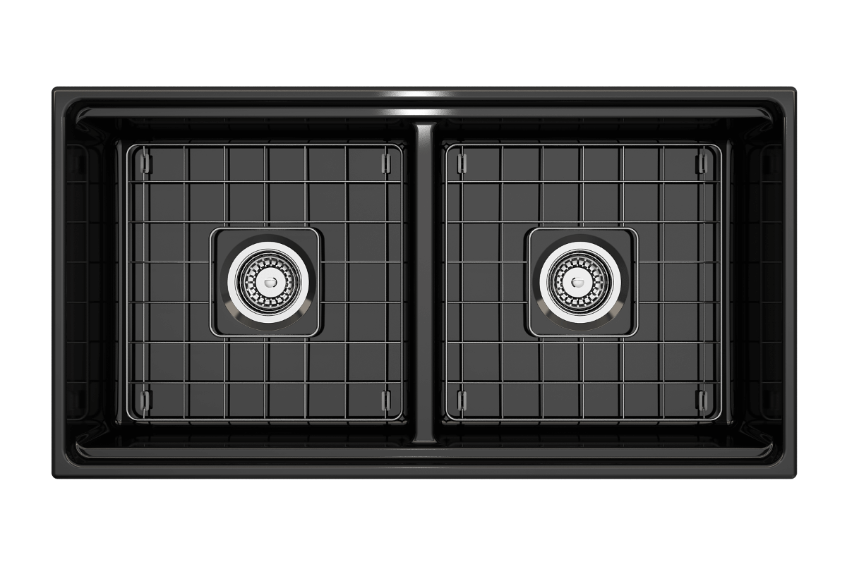 Top view of BOCCHI CONTEMPO 36" Step Rim Fireclay Farmhouse Double Bowl Kitchen Sink in Black with strainers.