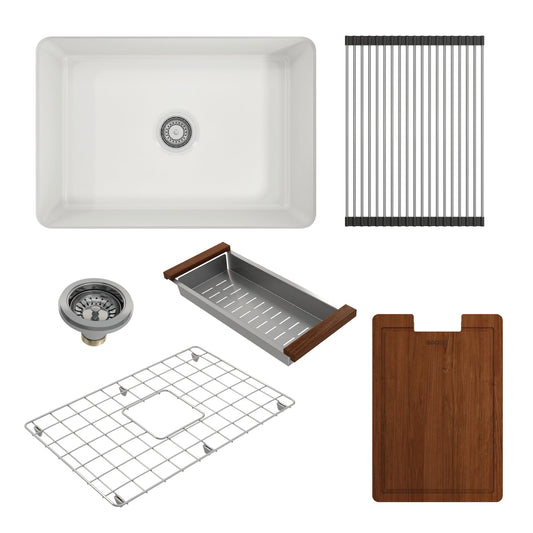 Bocchi Sotto 27" Fireclay Sink showing included accessories