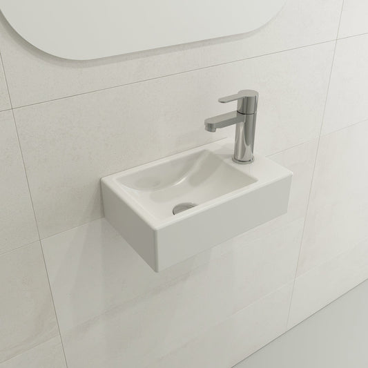 Close-up view of BOCCHI MILANO 14.5" Wall-Mounted Sink Fireclay 1-hole Right Side Faucet Deck With Overflow in white.