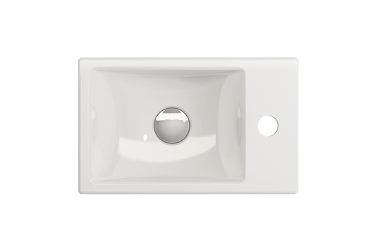 Top view of BOCCHI MILANO 14.5" Wall-Mounted Sink Fireclay 1-hole Right Side Faucet Deck With Overflow in white.
