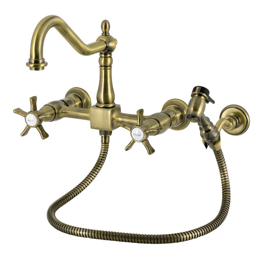 Kingston KS1243NXBS Hamilton Two-Handle Wall Mount Bridge Kitchen Faucet with Brass Sprayer, Antique Brass