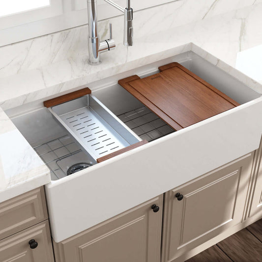 BOCCHI CONTEMPO 36" Fireclay Workstation Farmhouse Sink with Accessories showcasing integrated ledge system and wooden cutting board.