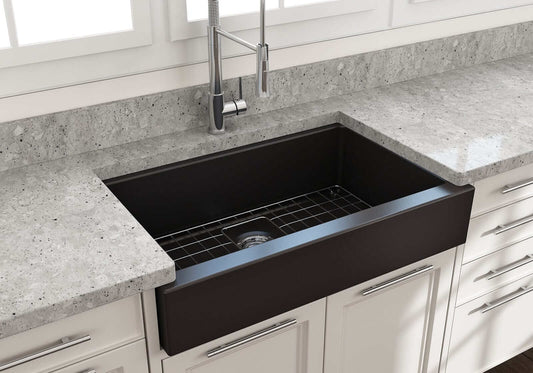 BOCCHI NUOVA 34" Single Bowl Kitchen Sink with Protective Bottom Grid and Strainer showcased in modern kitchen.