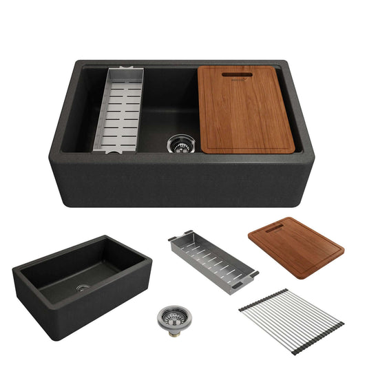 BOCCHI ARONA 33" Single Bowl Granite Kitchen Sink with Integrated Workstation and Accessories in black finish, with wooden cutting board and accessories.