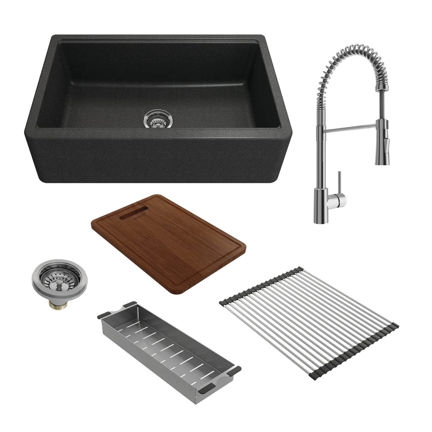 BOCCHI ARONA 33" Metallic Black Granite Workstation Sink w/ Accessories & Livenza Faucet and included items.