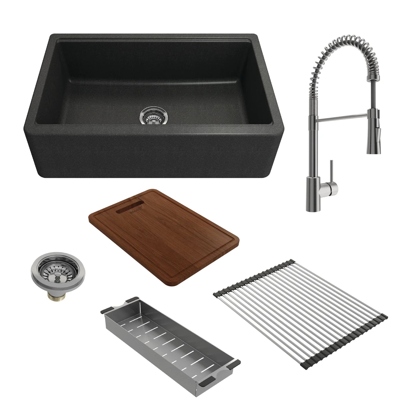 BOCCHI ARONA 33" Metallic Black Granite Workstation Sink w/ Accessories & Livenza Faucet, featuring sink, faucet, cutting board, and accessories.