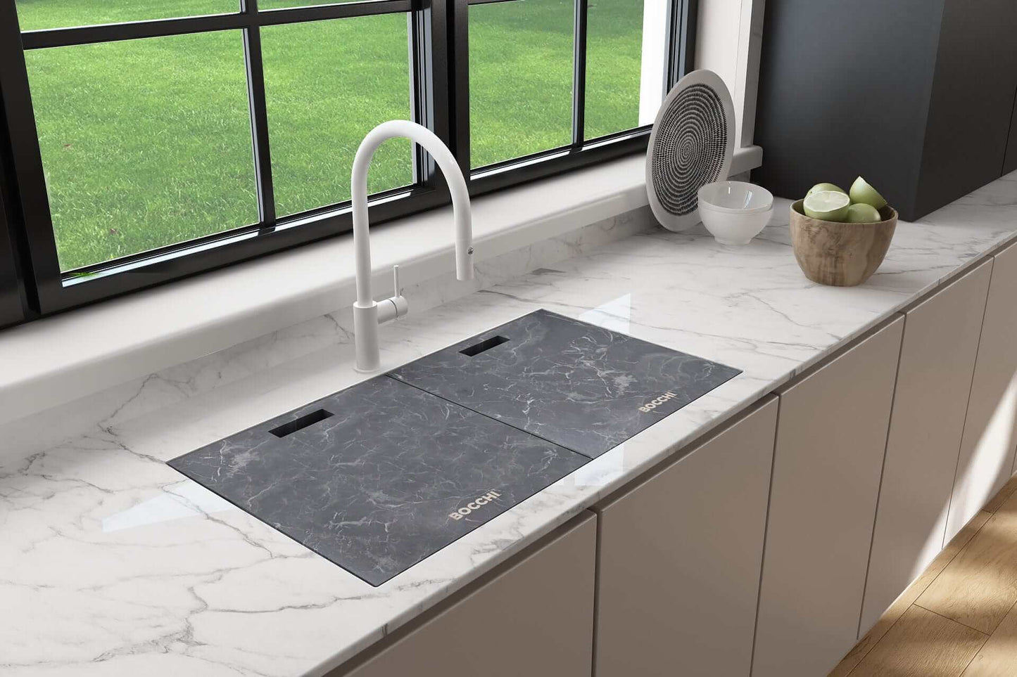 BOCCHI HPL Cutting Board Cover with Handle for Baveno Lux Sinks - 2320 0016 on elegant marble countertop.