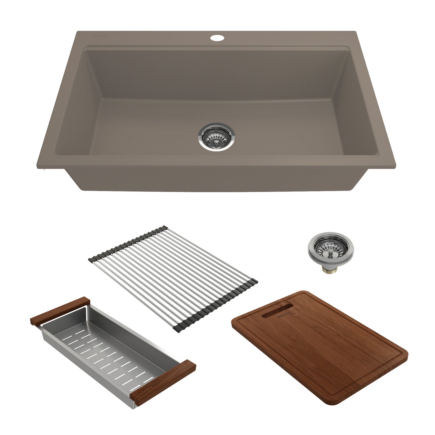 BOCCHI BAVENO LUX 34" Dual-Mount Single Bowl Granite Composite Kitchen Sink with Integrated Workstation showing included accessories.