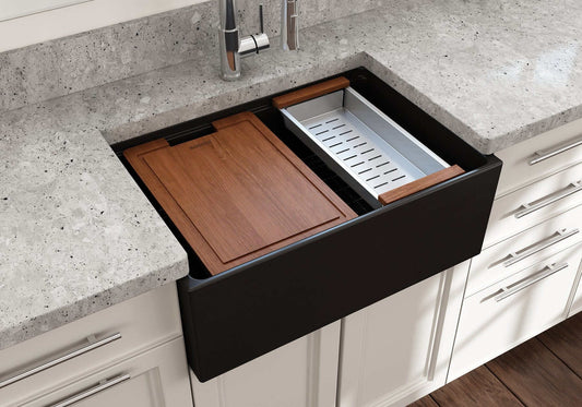 BOCCHI CONTEMPO 27" Fireclay Farmhouse Workstation Kitchen Sink with Accessories showcasing integrated ledge and accessories.