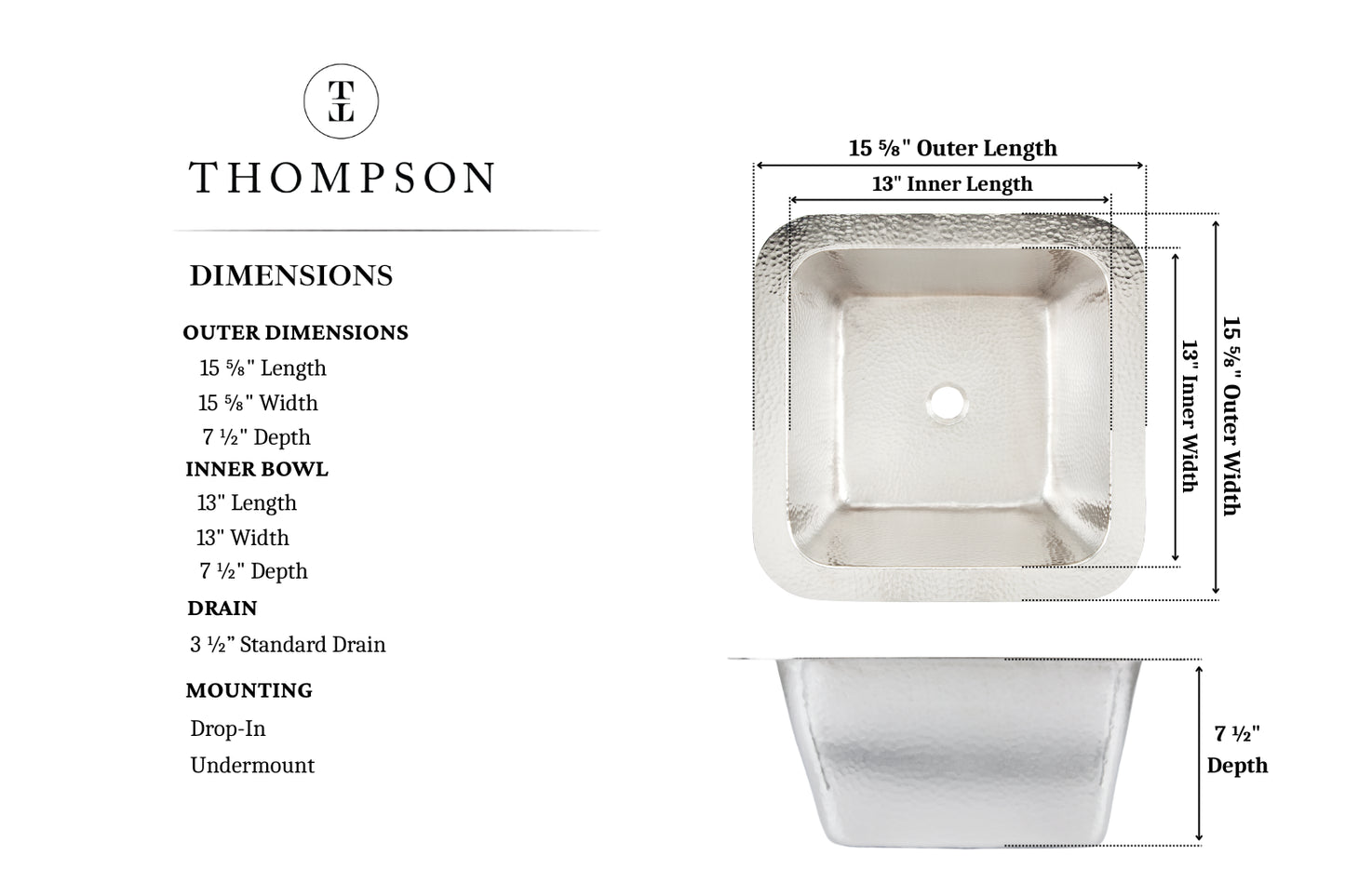 Thompson Tamayo hand-hammered nickel bar and prep sink 1S-BRN, dimension drawing