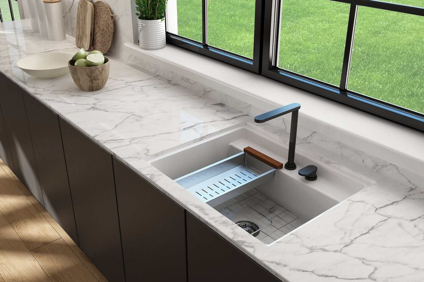 BOCCHI Deep Stainless Steel Colander with Sapele Wooden Handles - 2310 0007 in a modern kitchen workstation sink.