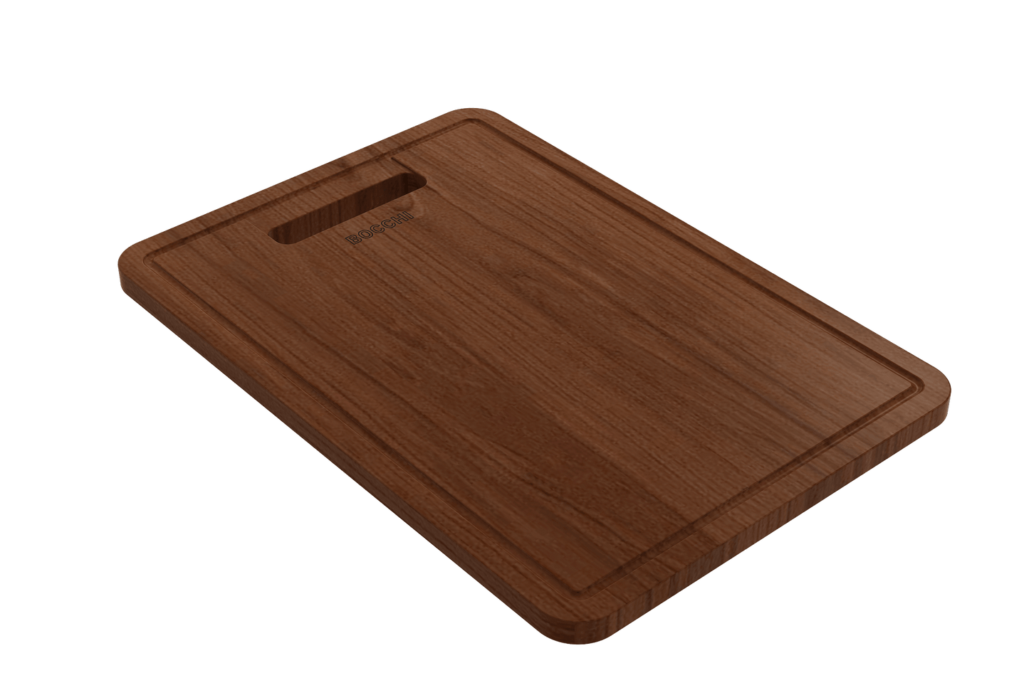 BOCCHI Baveno Wooden Cutting Board w/ Sapele Mahogany Handle (Inner Ledge) displayed on a white background.