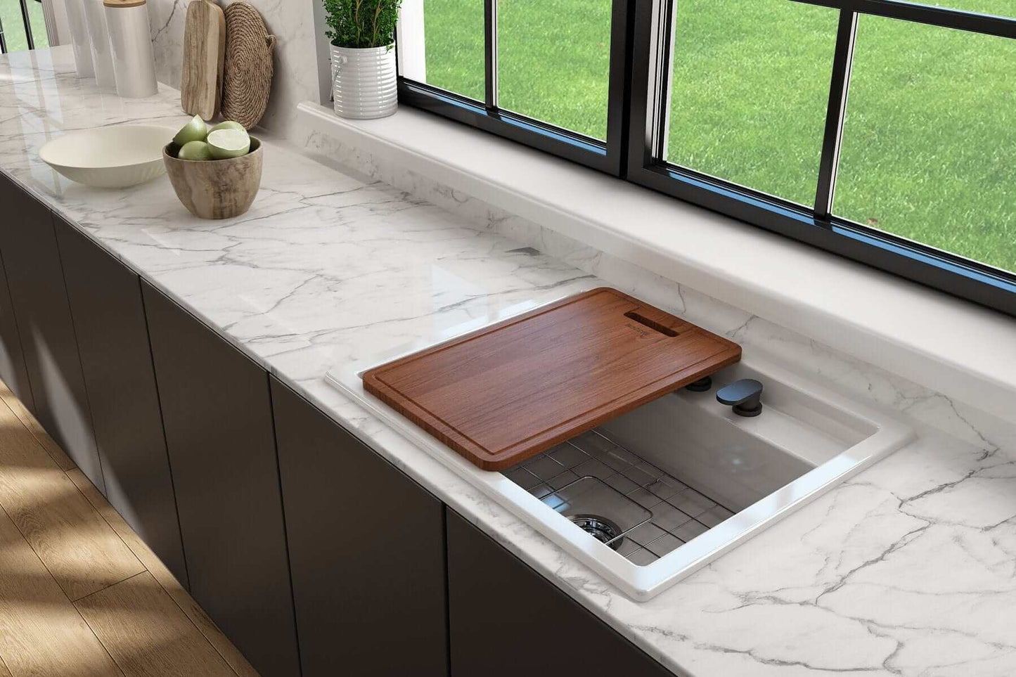 BOCCHI Baveno Wooden Cutting Board/Cover with Sapele Mahogany Handle - 2320 0007 on a kitchen countertop with sink.