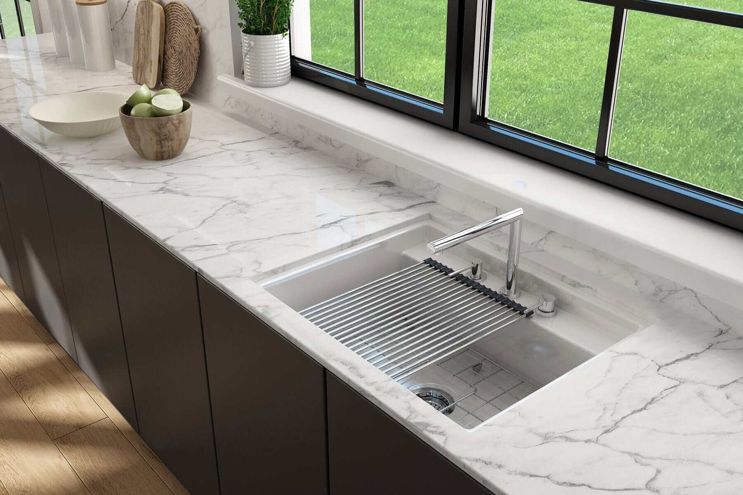 BOCCHI Roller Mat Stainless Steel with Black Edging for Baveno Sinks - 2350 0004 displayed in a modern kitchen sink.