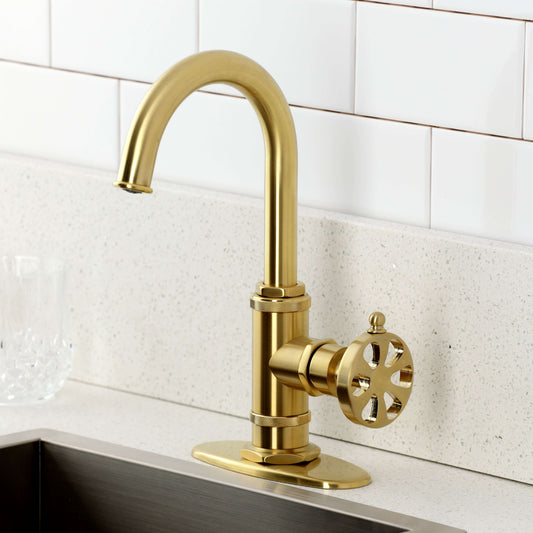 Kingston Brass KSD8503RX Belknap Single-Handle Bar Faucet in satin gold finish, perfect for modern kitchen setups.