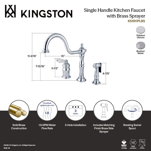 Kingston Brass KS1818PLBS Heritage Single-Handle Widespread Kitchen Faucet with Brass Sprayer, Brushed Nickel