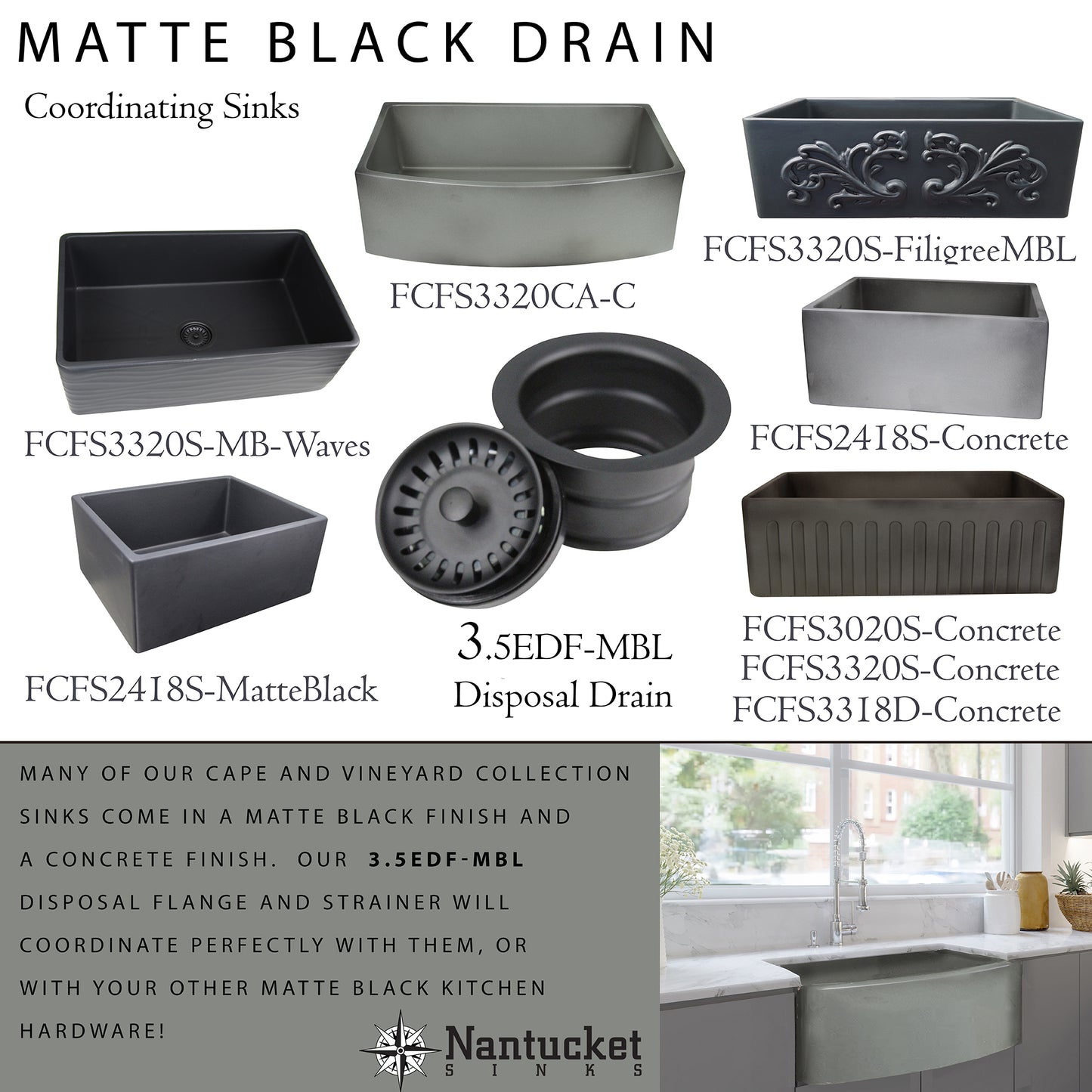 Nantucket matte black extended flange drain shown in fireclay sinks