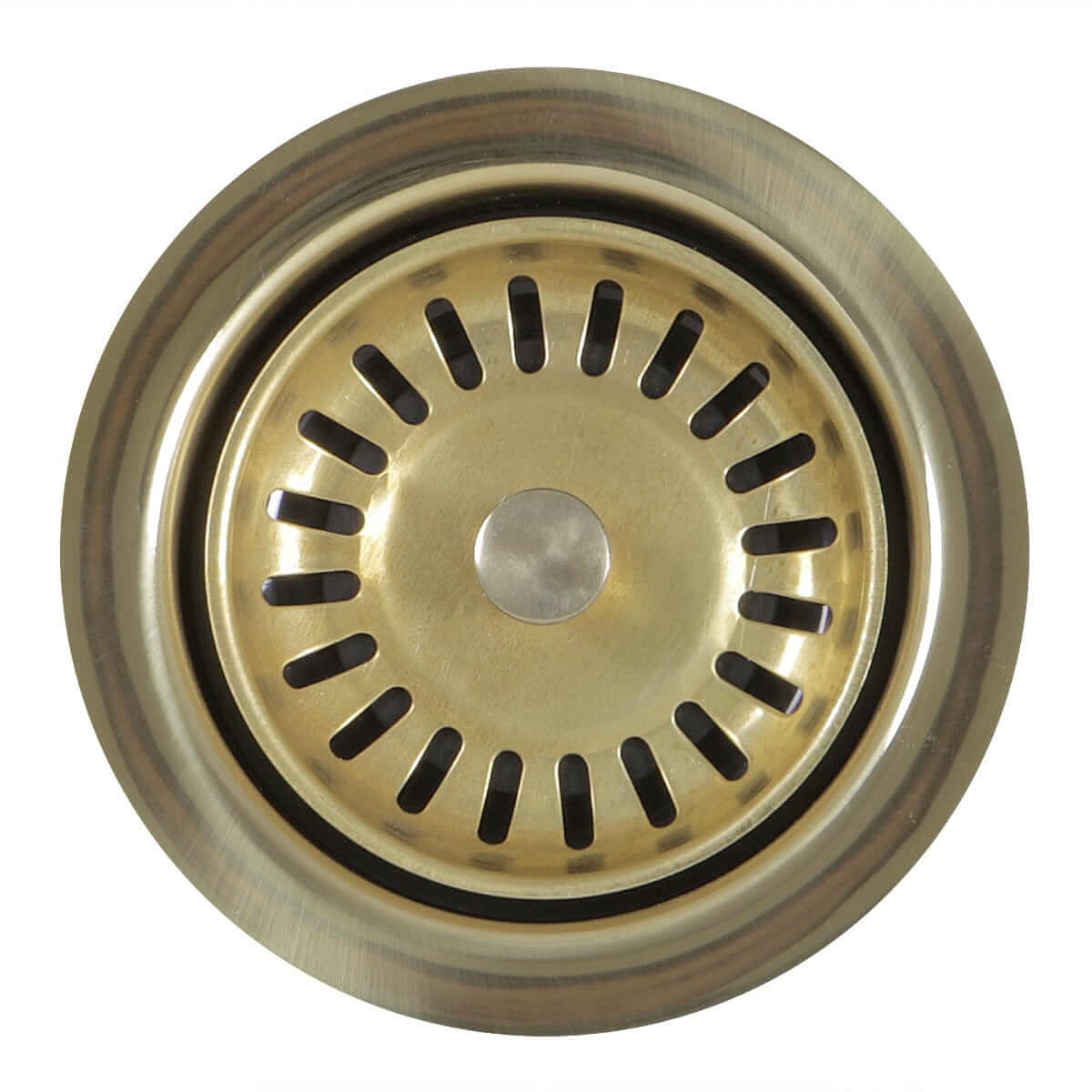 Nantucket Sink 3.5" Extended Flange Disposal Kitchen Drain in Brass - 3.5EDF-PB showing brass finish and strainer design.