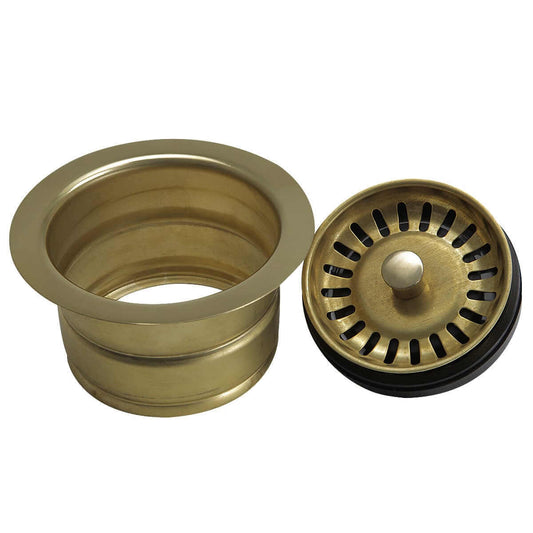 Nantucket Sink 3.5" Extended Flange Disposal Kitchen Drain in Brass - 3.5EDF-PB parts with spring-loaded center post.