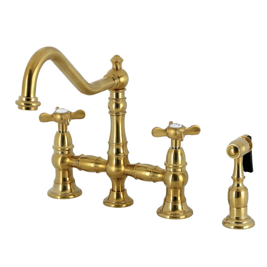 Kingston KS3277BEXBS Essex Bridge Kitchen Faucet with Brass Sprayer, Brushed Brass view from front featuring Victorian spout and cross handles.