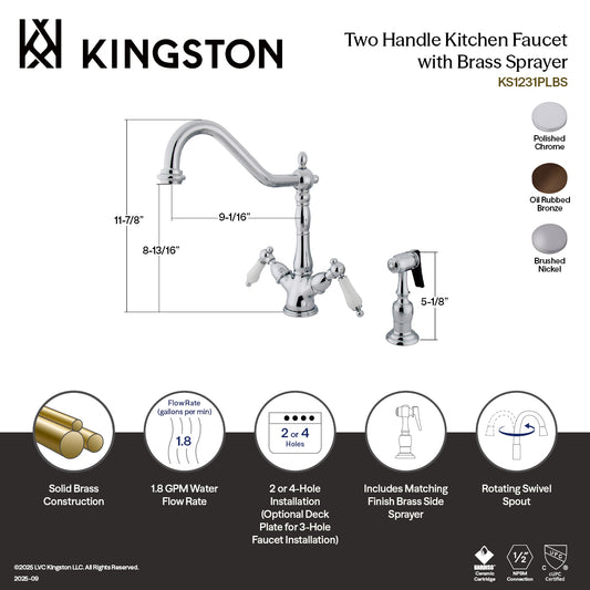 Kingston KS1238PLBS Heritage Two-Handle Kitchen Faucet with Brass Sprayer, Brushed Nickel
