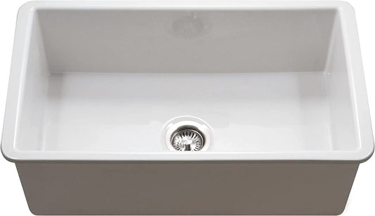 Houzer 32" white fireclay undermount kitchen sink with included drain in a white background