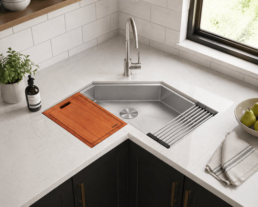 Ruvati 32" Roma Pro Corner Workstation Kitchen Sink - RVH8410ST with wooden cutting board and stainless steel accessories.