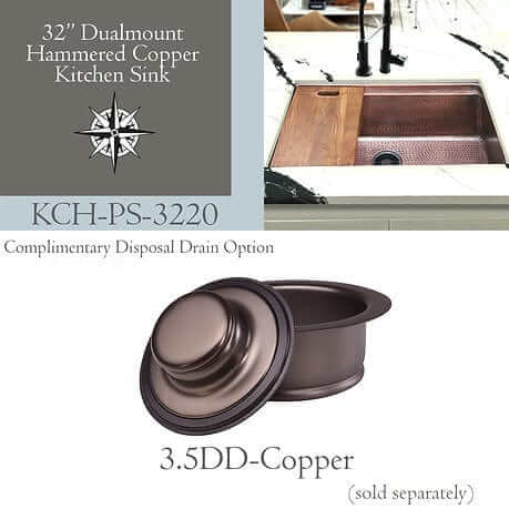 Nantucket 32" Hammered Copper Prepstation Dualmount Kitchen Sink - KCH-PS-3220 with complimentary disposal drain option.