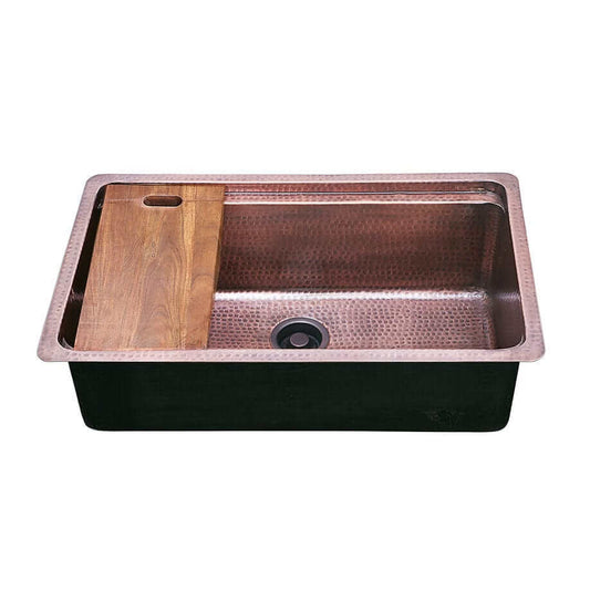 Nantucket 32" Hammered Copper Prepstation Dualmount Kitchen Sink - KCH-PS-3220 with acacia wood cutting board.