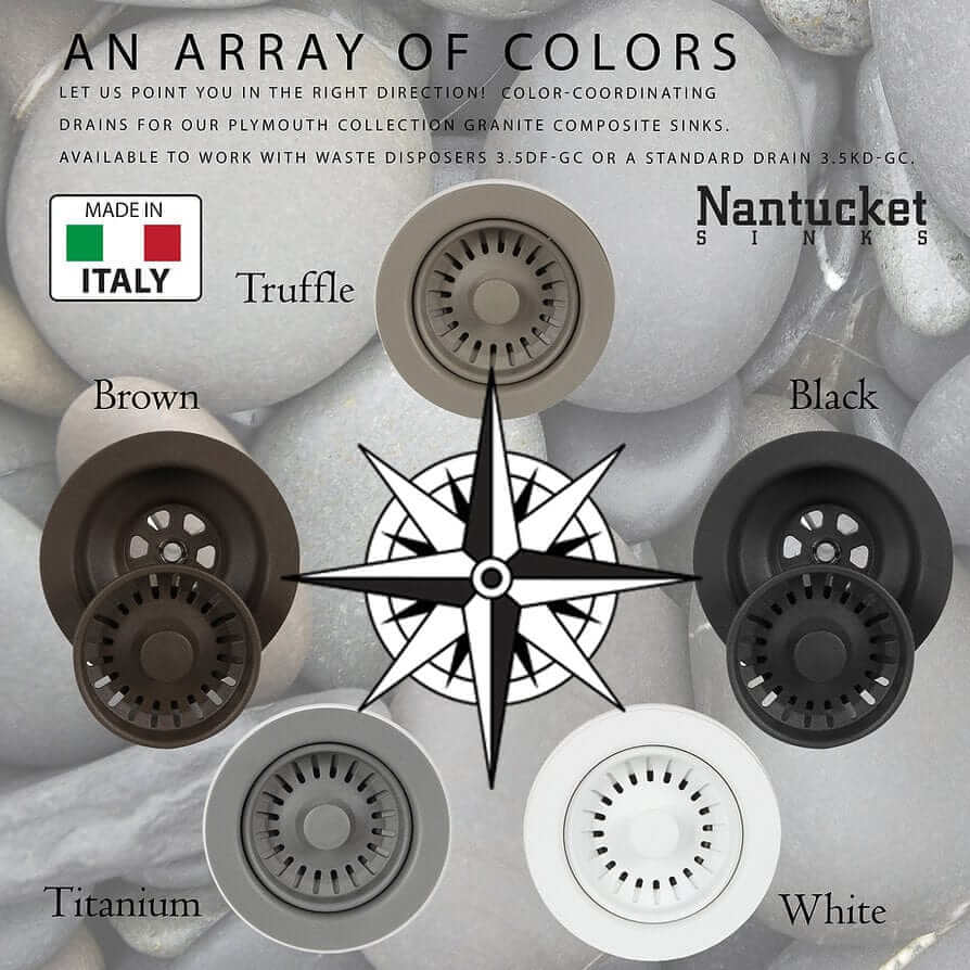 alt_tag: Color options for Nantucket 34" Large Single Bowl Prep Station Undermount Granite Composite Nano - PR3419-NBL-UM sink drains.