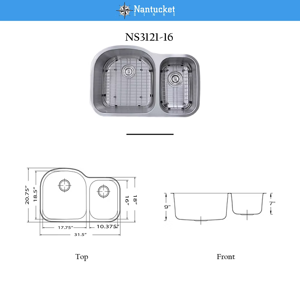 Front view of Nantucket 31.5" 70/30 Double Bowl Undermount Stainless Steel Kitchen Sink, 16 Gauge - NS3121-16 with dimensions.