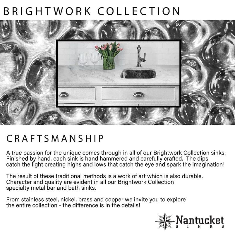 Nantucket Hand Hammered Stainless Steel Oval Undermount Bathroom Sink With Overflow - OVS-OF displayed in Brightwork Collection setting.