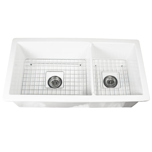 Nantucket Wellfleet-36OSW-DBL 36-inch white fireclay double bowl kitchen sink
