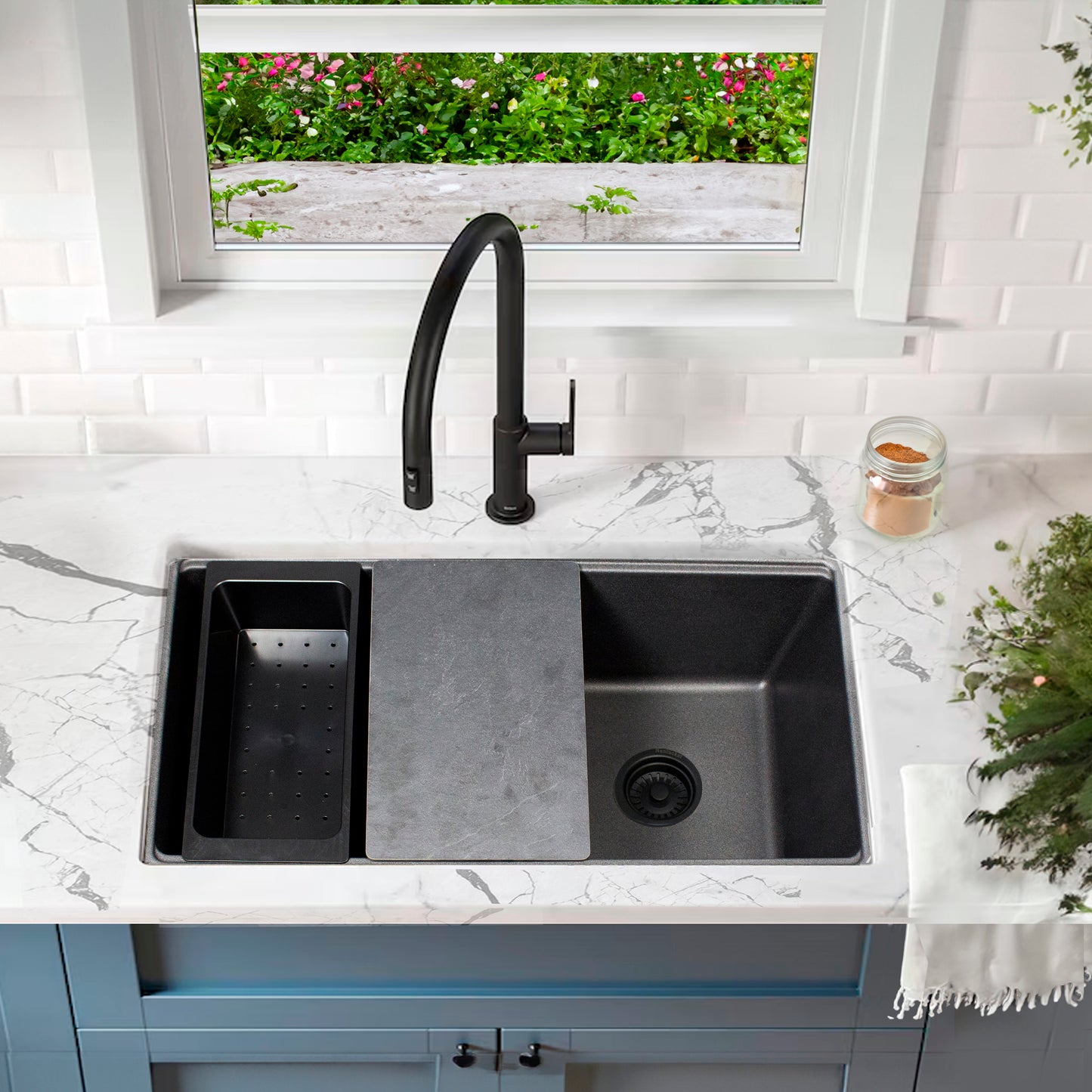 Nantucket PR3322PS-BL black granite workstation sink, view 9