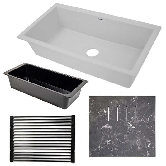 Nantucket 34" White Granite Composite Nano Workstation Undermount Kitchen Sink - PR3419-W-UM with accessories.