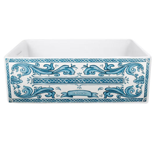 Nantucket 33" BluMare Farmhouse Sink with with blue and white decorative apron front