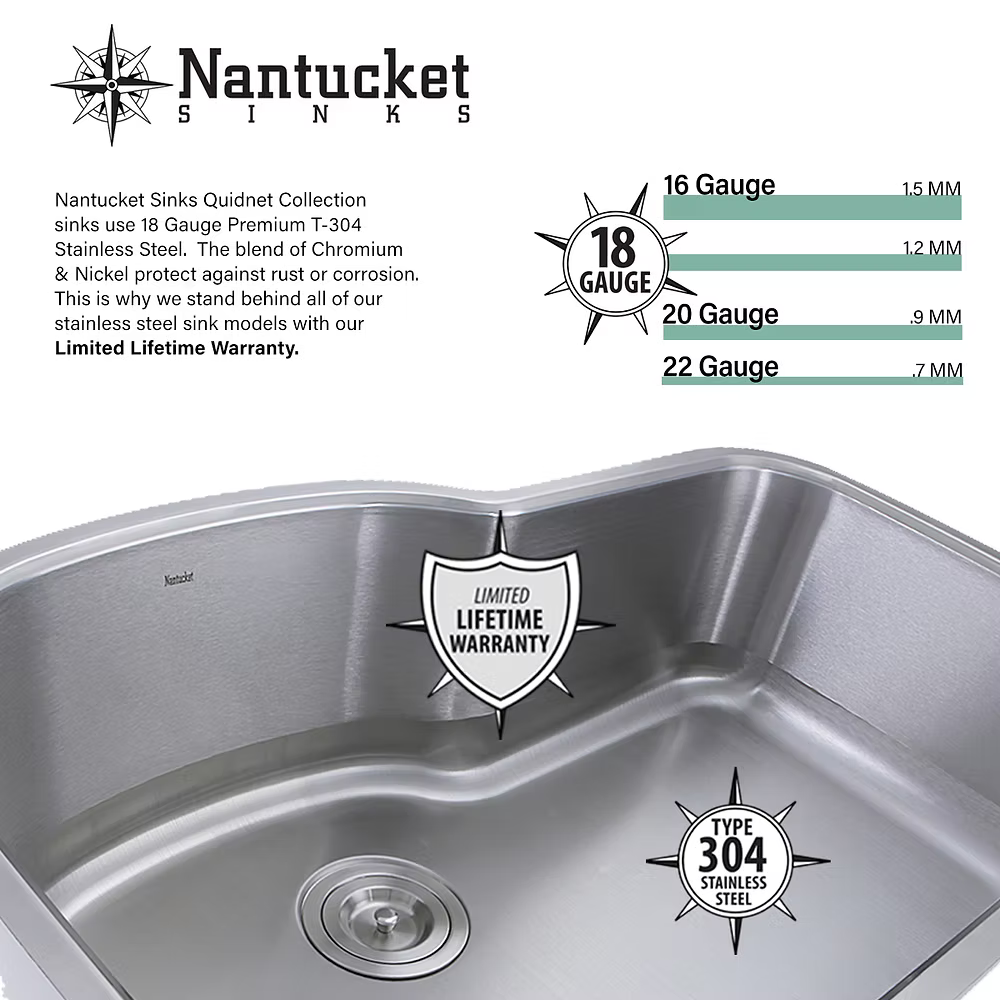 Nantucket Nantucket 33" Large Rectangle Single Bowl 18 Gauge Stainless Steel Drop In Kitchen Sink - NS3322-8