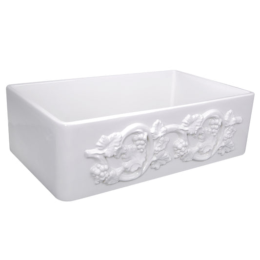 Nantucket FCFS3320S-Grapes fireclay farmhouse sink with grape vine apron