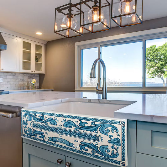Nantucket 33 inch Farmhouse sink in modern kitchen showing appliqué apron front design