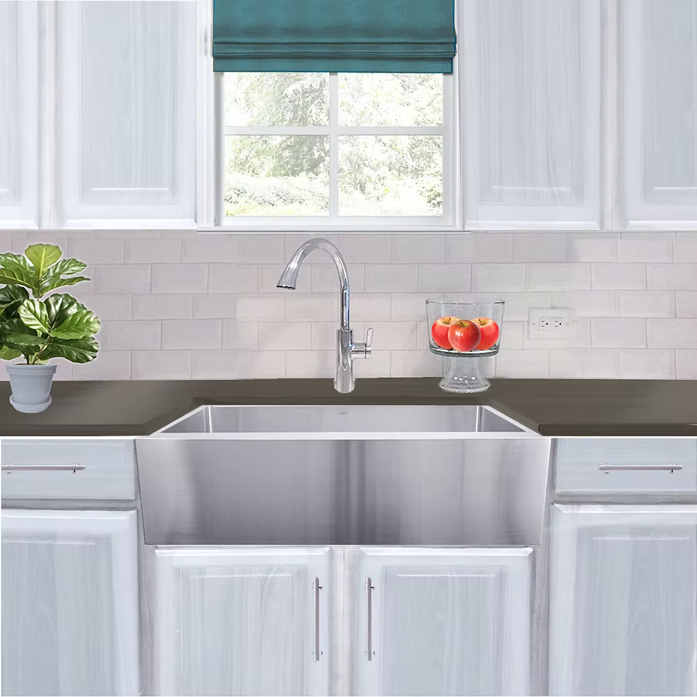 Nantucket 33" Pro Series Small Radius Farmhouse Apron Front Stainless Steel Sink - Apron332210-SR-16 with modern kitchen setting.