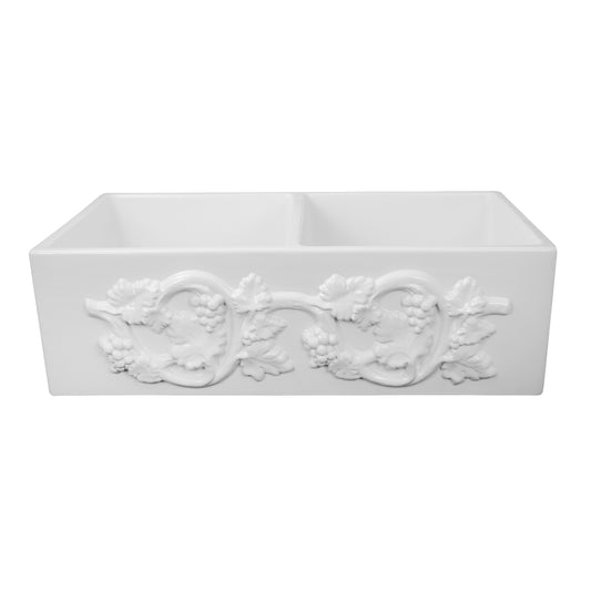 Nantucket FCFS3318D-Grapes double bowl fireclay farmhouse sink with grape vine apron