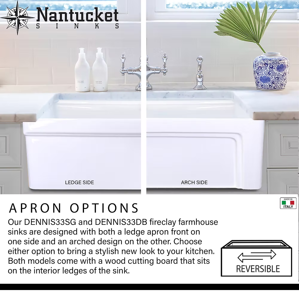 Nantucket 30" Single Bowl Workstation Fireclay Sink with Cuttingboard - Dennis30SG showing reversible ledge and arch sides.