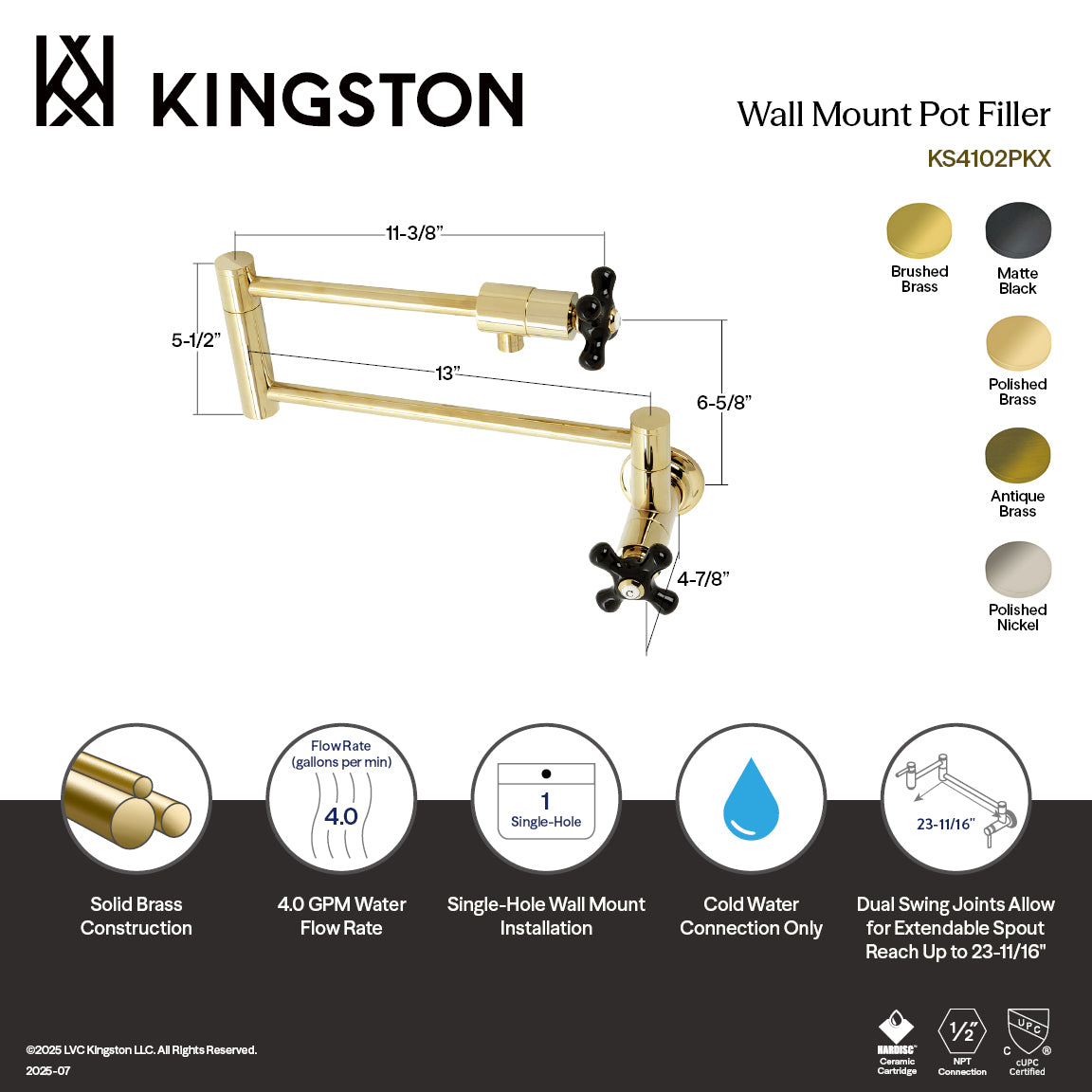 Kingston Brass KS4102PKX Duchess Wall Mount Pot Filler Faucet, Polished Brass with black porcelain handles
