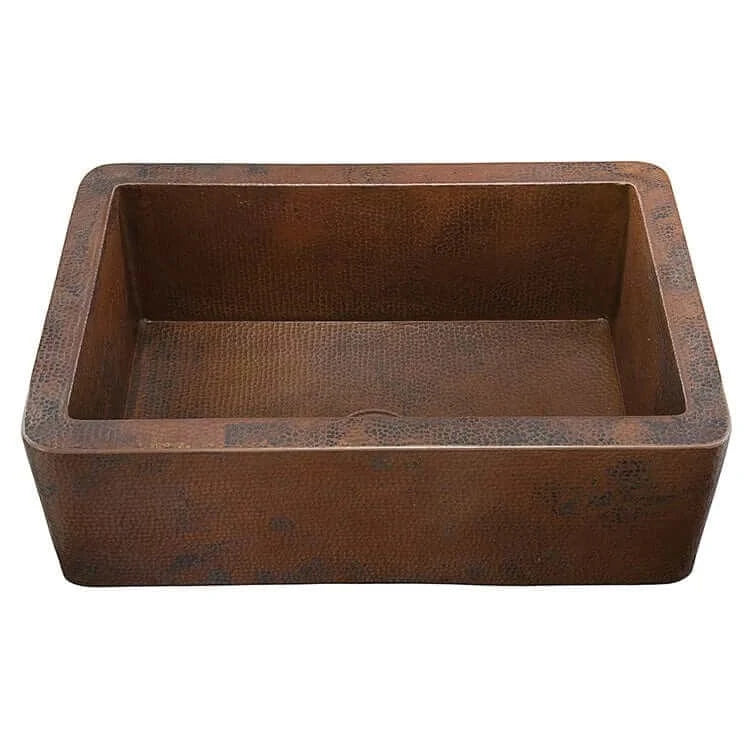 Thompson Cardenas 33" Aged Copper Farmhouse Kitchen Sink - 2KS with hand-hammered finish and single bowl design.