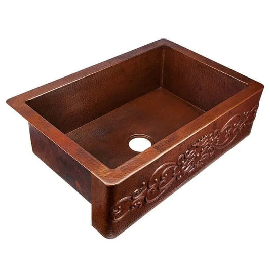Thompson Kahlo 2KS-AD-5 aged copper farmhouse sink, scrollwork apron