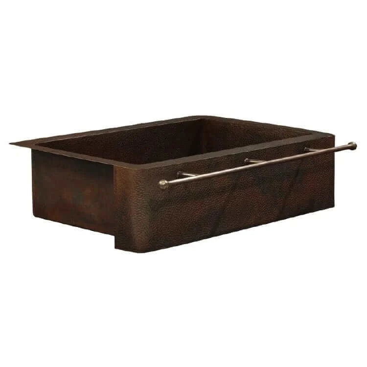 Thompson Kahlo 33" Aged Copper Farmhouse Kitchen Sink - 2KS-AD-2 with apron-front design and hammered finish.