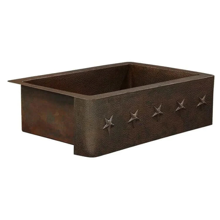 Thompson Kahlo 33" Aged Copper Farmhouse Kitchen Sink - 2KS-AD-5 with hand-hammered texture and star design.