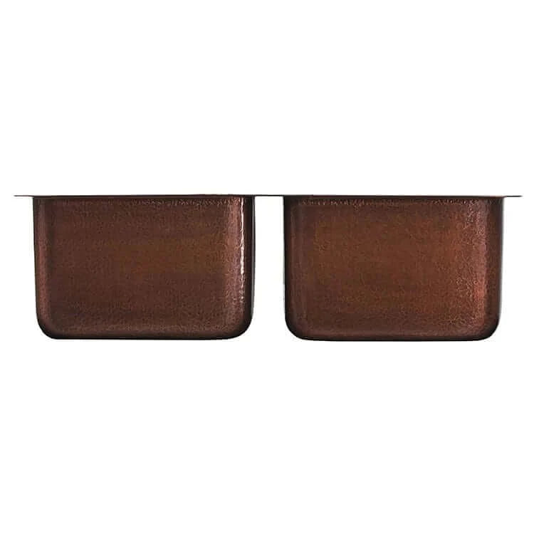 Thompson Villa 30" Hammered Antique Copper Double Bowl Kitchen Sink - KDU-3120AH, showcasing two elegant basins.